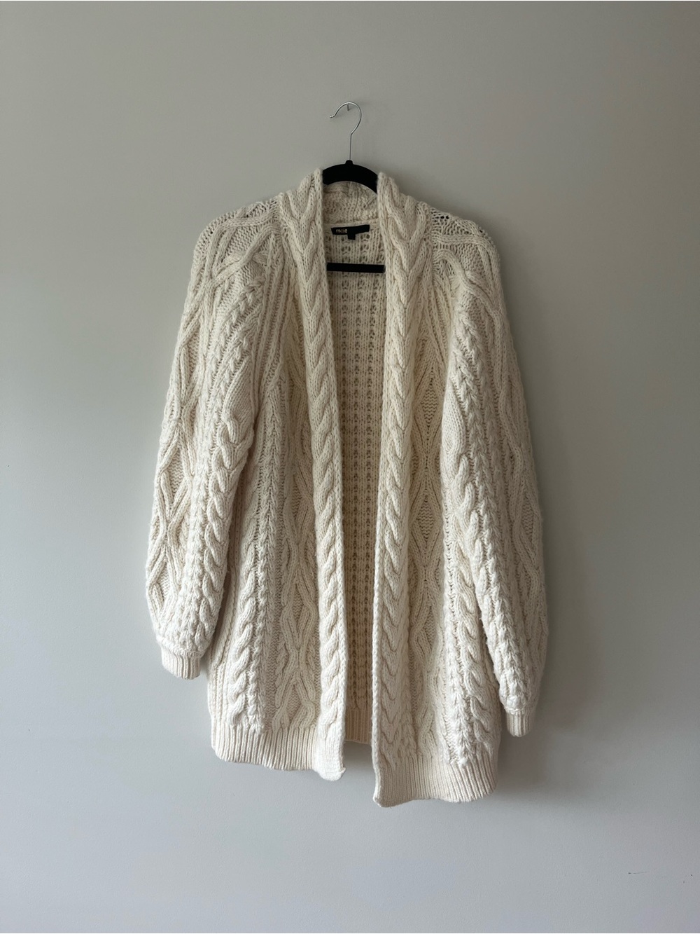Maje Cream Chunky Cable Knit Long Shawl Cardigan Wool Blend Sz 2 / M